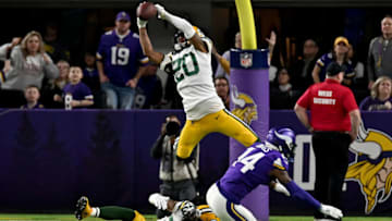 MINNEAPOLIS, MINNESOTA - DECEMBER 23: Cornerback Kevin King #20 of the Green Bay Packers intercepts a pass intended for wide receiver Stefon Diggs #14 of the Minnesota Vikings during the game at U.S. Bank Stadium on December 23, 2019 in Minneapolis, Minnesota. (Photo by Stephen Maturen/Getty Images)