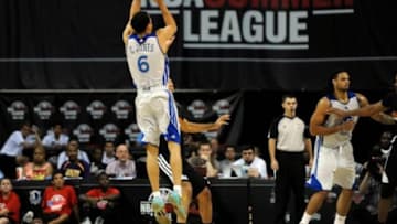 Jul 22, 2013; Las Vegas, NV, USA; Golden State Warriors guard Cameron Jones takes a three-point shot against the Phoenix Suns during the NBA Summer League Championship game at the Thomas and Mack Center Golden State won the game 91-77 to remain undefeated during the Summer League games.. Mandatory Credit: Stephen R. Sylvanie-USA TODAY Sports