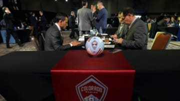 Jan 14, 2016; Baltimore, MD, USA; Draft table of Colorado Rapids prior to the 2016 MLS SuperDraft at Baltimore Convention Center. Mandatory Credit: Tommy Gilligan-USA TODAY Sports