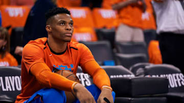 Russell Westbrook #0 of the Oklahoma City Thunder warms up before tipoff against the Portland Trail Blazers during game three of the Western Conference quarterfinals at Chesapeake Energy Arena on April 19, 2019 in Oklahoma City, Oklahoma. (Photo by Cooper Neill/Getty Images)