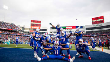ORCHARD PARK, NY - DECEMBER 30: Buffalo Bills celebrate a touchdown by Robert Foster #16 during the third quarter against the Miami Dolphins at New Era Field on December 30, 2018 in Orchard Park, New York. Buffalo defeats Miami 42-17. (Photo by Brett Carlsen/Getty Images)