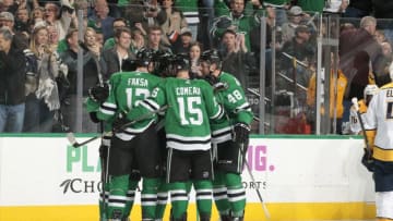 DALLAS, TX - NOVEMBER 10: Radek Faksa #12, Blake Comeau #15, Dillon Heatherington #48 and the Dallas Stars celebrate a goal against the Nashville Predators at the American Airlines Center on November 10, 2018 in Dallas, Texas. (Photo by Glenn James/NHLI via Getty Images)