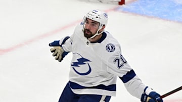 May 14, 2022; Toronto, Ontario, CAN; Tampa Bay Lightning forward Nick Paul (20) celebrates after scoring against the Toronto Maple Leafs in the second period of game seven of the first round of the 2022 Stanley Cup Playoffs at Scotiabank Arena. Mandatory Credit: Dan Hamilton-USA TODAY Sports