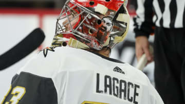 RALEIGH, NC - FEBRUARY 01: Vegas Golden Knights Goalie Maxime Lagace (33) between the pipes during a game between the Las Vegas Golden Knights and the Carolina Hurricanes on February 1, 2019, at the PNC Arena in Raleigh, NC. (Photo by Greg Thompson/Icon Sportswire via Getty Images)