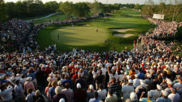 OLYMPIA FIELDS, IL - JUNE 15: A general view of the final putt on the 18th green during the final round of the 2003 US Open on the North Course at the Olympia Fields Country Club on June 15, 2003 in Olympia Fields, Illinois. (Photo by Matthew Stockman/Getty Images)