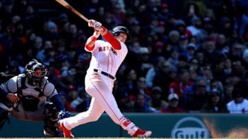 BOSTON, MA - APRIL 05: Andrew Benintendi #16 of the Boston Red Sox at bat against the Tampa Bay Rays during the third inning of the Red Sox home opening game at Fenway Park on April 5, 2018 in Boston, Massachusetts. (Photo by Maddie Meyer/Getty Images)