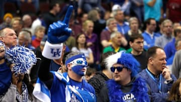 CLEVELAND, OH - MARCH 28: Kentucky Wildcats fans cheer in the crowd before the game against the Notre Dame Fighting Irish during the Midwest Regional Final of the 2015 NCAA Men's Basketball tournament at Quicken Loans Arena on March 28, 2015 in Cleveland, Ohio. (Photo by Gregory Shamus/Getty Images)