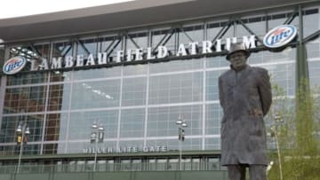 Aug 22, 2014; Green Bay, WI, USA; General view of statue of Green Bay Packers former coach Vince Lombardi before the game against the Oakland Raiders at Lambeau Field. Mandatory Credit: Kirby Lee-USA TODAY Sports