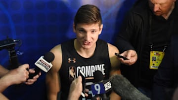 CHICAGO, IL - MAY 17: Grayson Allen #23 speaks with reporters during Day One of the NBA Draft Combine at Quest MultiSport Complex on May 17, 2018 in Chicago, Illinois. NOTE TO USER: User expressly acknowledges and agrees that, by downloading and or using this photograph, User is consenting to the terms and conditions of the Getty Images License Agreement. (Photo by Stacy Revere/Getty Images)