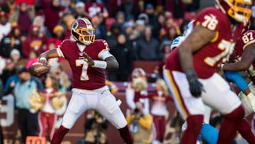 LANDOVER, MD - NOVEMBER 24: Dwayne Haskins #7 of the Washington Redskins attempts a pass against the Detroit Lions during the second half at FedExField on November 24, 2019 in Landover, Maryland. (Photo by Scott Taetsch/Getty Images)