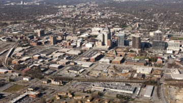 GREENSBORO, NC - MARCH 14: An aerial view of downtown Greensboro ahead of the first round of the 2013 Men's ACC Tournament on March 14, 2013 in Greensboro, North Carolina. (Photo by Lance King/Getty Images)