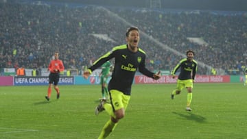 SOFIA, BULGARIA - NOVEMBER 01: Mesut Ozil celebrates scoring the 3rd Arsenal goal during the UEFA Champions League match between PFC Ludogorets Razgrad and Arsenal FC at Vasil Levski National Stadium on November 1, 2016 in Sofia, . (Photo by Stuart MacFarlane/Arsenal FC via Getty Images)