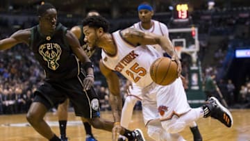 Jan 6, 2017; Milwaukee, WI, USA; New York Knicks guard Derrick Rose (25) drives for the basket during the first quarter against the Milwaukee Bucks at BMO Harris Bradley Center. Mandatory Credit: Jeff Hanisch-USA TODAY Sports