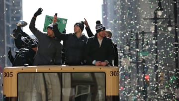 PHILADELPHIA, PA - FEBRUARY 08: Quarterbacks Nick Foles, Nate Sudfeld and Carson Wentz of the Philadelphia Eagles during their Super Bowl Victory Parade on February 8, 2018 in Philadelphia, Pennsylvania. (Photo by Rich Schultz/Getty Images)