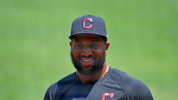 CLEVELAND, OHIO - JULY 08: Domingo Santana #24 of the Cleveland Indians during summer workouts at Progressive Field on July 08, 2020 in Cleveland, Ohio. (Photo by Jason Miller/Getty Images)