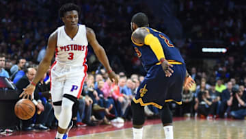 Apr 22, 2016; Auburn Hills, MI, USA; Detroit Pistons forward Stanley Johnson (3) drives to the basket as Cleveland Cavaliers guard Kyrie Irving (2) defends during the second quarter in game three of the first round of the NBA Playoffs at The Palace of Auburn Hills. Mandatory Credit: Tim Fuller-USA TODAY Sports