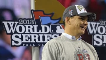 Oct 30, 2013; Boston, MA, USA; Boston Red Sox general manager Ben Cherington after game six of the MLB baseball World Series against the St. Louis Cardinals at Fenway Park. The Red Sox won 6-1 to win the series four games to two. Mandatory Credit: Bob DeChiara-USA TODAY Sports