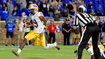 DURHAM, NORTH CAROLINA - OCTOBER 05: V'Lique Carter #19 of the Pittsburgh Panthers scores the game-winning touchdown against the Duke Blue Devils during the fourth quarter of their game at Wallace Wade Stadium on October 05, 2019 in Durham, North Carolina. Pittsburgh won 33-30. (Photo by Grant Halverson/Getty Images)