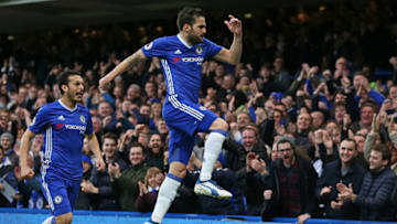 February 25th 2017, Stamford Bridge, Chelsea, London, England; EPL Premier league football, Chelsea versus Swansea City; Cesc Fabregas of Chelsea celebrating scoring his sides 1st goal in the 18th minute (Photo by John Patrick Fletcher/Action Plus via Getty Images)