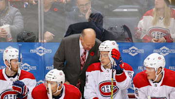 WINNIPEG, MB - NOVEMBER 4: Head Coach Claude Julien of the Montreal Canadiens instructs Charles Hudon