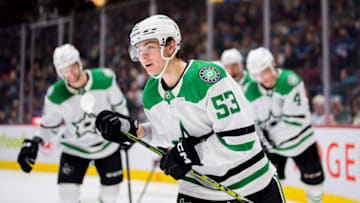 Mar 14, 2023; Vancouver, British Columbia, CAN; Dallas Stars forward Wyatt Johnston (53) celebrates his goal against the Vancouver Canucks in the second period at Rogers Arena. Mandatory Credit: Bob Frid-USA TODAY Sports