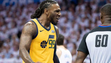 OKLAHOMA CITY, OK - APRIL 18: Jae Crowder #99 of the Utah Jazz protests a foul call against the Oklahoma City Thunder during game 2 of the Western Conference playoffs at the Chesapeake Energy Arena on April 18, 2018 in Oklahoma City, Oklahoma. NOTE TO USER: User expressly acknowledges and agrees that, by downloading and or using this photograph, User is consenting to the terms and conditions of the Getty Images License Agreement. (Photo by J Pat Carter/Getty Images) *** Local Caption *** Jae Crowder;