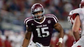 Sep 24, 2016; Dallas, TX, USA; Texas A&M Aggies defensive lineman Myles Garrett (15) in game action against the Arkansas Razorbacks at AT&T Stadium. Texas A&M won 45-24. Mandatory Credit: Tim Heitman-USA TODAY Sports