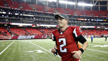 Nov 27, 2016; Atlanta, GA, USA; Atlanta Falcons quarterback Matt Ryan (2) jogs off of the field after their game against the Arizona Cardinals at the Georgia Dome. The Falcons won 38-19. Mandatory Credit: Jason Getz-USA TODAY Sports
