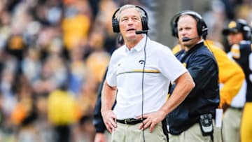 Oct 1, 2016; Iowa City, IA, USA; Iowa Hawkeyes head coach Kirk Ferentz looks at a replay during the second half against the Northwestern Wildcats at Kinnick Stadium. Northwestern won 38-31. Mandatory Credit: Jeffrey Becker-USA TODAY Sports