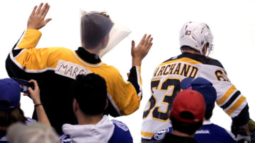 TAMPA, FL - MAY 6: A Tampa Bay Lightning fan mocks Boston Bruins left wing Brad Marchand with a homemade bite-prevention cone prior to the start of today's game. Tampa Bay Lightning hosts the Boston Bruins in Game Five of the Eastern Conference semifinals at Amalie Arena in Tampa, Fla., on May 6, 2018. (Photo by Barry Chin/The Boston Globe via Getty Images)
