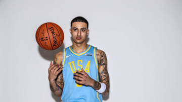 LOS ANGELES, CA - FEBRUARY 16: Kyle Kuzma #0 of the USA team poses for a portrait prior to the Mountain Dew Kickstart Rising Stars Game during All-Star Friday Night as part of 2018 NBA All-Star Weekend at the STAPLES Center on February 16, 2018 in Los Angeles, California. NOTE TO USER: User expressly acknowledges and agrees that, by downloading and/or using this photograph, user is consenting to the terms and conditions of the Getty Images License Agreement. Mandatory Copyright Notice: Copyright 2018 NBAE (Photo by Michael J. LeBrecht II/NBAE via Getty Images)