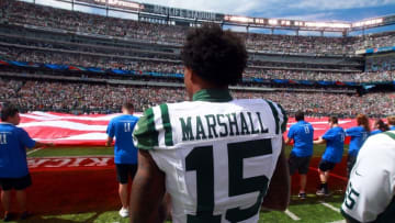 Sep 11, 2016; East Rutherford, NJ, USA; New York Jets wide receiver Brandon Marshall (15) stands for the national anthem before a game against the Cincinnati Bengals at MetLife Stadium. Mandatory Credit: Brad Penner-USA TODAY Sports