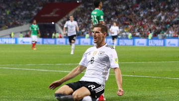 SOCHI, RUSSIA - JUNE 29: Leon Goretzka of Germany celebrates scoring the opening goal during the FIFA Confederations Cup Russia 2017 Semi-Final between Germany and Mexico at Fisht Olympic Stadium on June 29, 2017 in Sochi, Russia. (Photo by Buda Mendes/Getty Images)