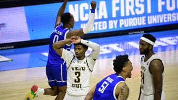 Mar 18, 2021; West Lafayette, Indiana, USA; Wichita State Shockers guard Alterique Gilbert (3) reacts after missing a three point shot to win the game in the final second against the Drake Bulldogs during the First Four of the 2021 NCAA Tournament at Mackey Arena. Mandatory Credit: Marc Lebryk-USA TODAY Sports