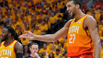 SALT LAKE CITY, UT - APRIL 20: Rudy Gobert #27 of the Utah Jazz reacts to a foul called on him in the second half of Game Three during the first round of the 2019 NBA Western Conference Playoffs against the Houston Rockets at Vivint Smart Home Arena on April 20, 2019 in Salt Lake City, Utah. NOTE TO USER: User expressly acknowledges and agrees that, by downloading and or using this photograph, User is consenting to the terms and conditions of the Getty Images License Agreement. (Photo by Gene Sweeney Jr./Getty Images)