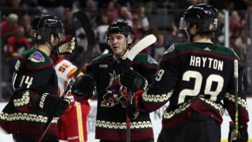 TEMPE, ARIZONA - FEBRUARY 22: Clayton Keller #9 of the Arizona Coyotes celebrates after scoring a goal in the second period with Shayne Gostisbehere #14 of the Arizona Coyotes and Barrett Hayton #29 of the Arizona Coyotes at Mullett Arena on February 22, 2023 in Tempe, Arizona. (Photo by Zac BonDurant/Getty Images)