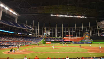 Jul 25, 2016; Miami, FL, USA; A general view in the game between the Miami Marlins and the Philadelphia Phillies at Marlins Park. The Philadelphia Phillies defeat the Miami Marlins. Mandatory Credit: Jasen Vinlove-USA TODAY Sports