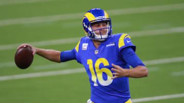 INGLEWOOD, CALIFORNIA - OCTOBER 26: Jared Goff #16 of the Los Angeles Rams throws the ball in the first quarter against the Chicago Bears at SoFi Stadium on October 26, 2020 in Inglewood, California. (Photo by Joe Scarnici/Getty Images)