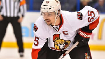 Jan 4, 2016; St. Louis, MO, USA; Ottawa Senators defenseman Erik Karlsson (65) in the game against the St. Louis Blues during the second period at Scottrade Center. Mandatory Credit: Jasen Vinlove-USA TODAY Sports