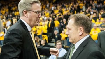 Dec 29, 2015; Iowa City, IA, USA; Iowa Hawkeyes head coach Fran McCaffery and Michigan State Spartans head coach Tom Izzo shake hands before the game at Carver-Hawkeye Arena. Mandatory Credit: Jeffrey Becker-USA TODAY Sports