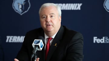 MEMPHIS, TN - MAY 2: General Manager Chris Wallace of the Memphis Grizzlies speaks with the media during a Press Conference introducing J.B. Bickerstaff as the Memphis Grizzlies Head Coach on May 2, 2018 at FedExForum in Memphis, Tennessee. NOTE TO USER: User expressly acknowledges and agrees that, by downloading and or using this photograph, User is consenting to the terms and conditions of the Getty Images License Agreement. Mandatory Copyright Notice: Copyright 2018 NBAE (Photo by Joe Murphy/NBAE via Getty Images)