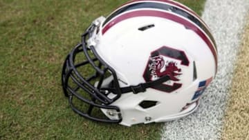 Sep 28, 2013; Orlando, FL, USA; A South Carolina Gamecocks helmet sits on the field before the game against the UCF Knights at Bright House Networks Stadium. Mandatory Credit: Rob Foldy-USA TODAY Sports
