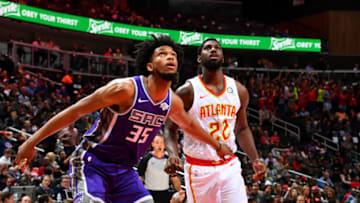 ATLANTA, GA - November 1: Marvin Bagley III #35 of the Sacramento Kings fights for position against the Atlanta Hawks on November 1, 2018 at State Farm Arena in Atlanta, Georgia. NOTE TO USER: User expressly acknowledges and agrees that, by downloading and/or using this Photograph, user is consenting to the terms and conditions of the Getty Images License Agreement. Mandatory Copyright Notice: Copyright 2018 NBAE (Photo by Scott Cunningham/NBAE via Getty Images)