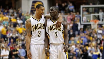 INDIANAPOLIS, IN - MAY 08: Darren Collison #2 and George Hill #3 of the Indiana Pacers celebrate while playing the Orlando Magic in Game Five of the Eastern Conference Quarterfinals during the 2012 NBA Playoffs on May 8, 2012 at Bankers Life Fieldhouse in Indianapolis, Indiana. Indiana won the game 105-87 to to win the series 3-1. NOTE TO USER: User expressly acknowledges and agrees that, by downloading and or using this photograph, User is consenting to the terms and conditions of the Getty Images License Agreement. (Photo by Gregory Shamus/Getty Images)