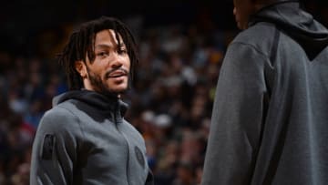 DENVER, CO - MARCH 12: Derrick Rose #25 of the Minnesota Timberwolves looks on during the game against the Denver Nuggets on March 12, 2019 at the Pepsi Center in Denver, Colorado. NOTE TO USER: User expressly acknowledges and agrees that, by downloading and/or using this photograph, user is consenting to the terms and conditions of the Getty Images License Agreement. Mandatory Copyright Notice: Copyright 2019 NBAE (Photo by Bart Young/NBAE via Getty Images)