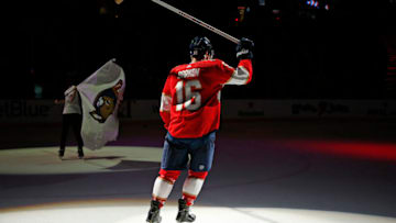 SUNRISE, FL - FEBRUARY 17: Aleksander Barkov #16 of the Florida Panthers skates on the ice to salute the fans after scoring a hat trick to help his team win 6-3 against the Montreal Canadiens at the BB&T Center on February 17, 2019 in Sunrise, Florida. (Photo by Eliot J. Schechter/NHLI via Getty Images)