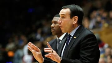 Nov 4, 2014; Durham, NC, USA; Duke Blue Devils head coach Mike Krzyzewski gestures from the sidelines against the Livingstone Blue Bears at Cameron Indoor Stadium. Mandatory Credit: Mark Dolejs-USA TODAY Sports