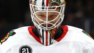 Fantasy Hockey: BOSTON, MASSACHUSETTS - FEBRUARY 12: Collin Delia #60 of the Chicago Blackhawks looks on during the first period against the Boston Bruins at TD Garden on February 12, 2019 in Boston, Massachusetts. (Photo by Maddie Meyer/Getty Images)