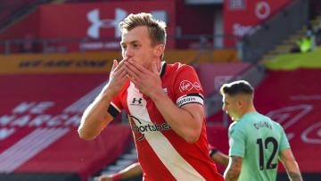 Southampton's English midfielder James Ward-Prowse celebrates after scoring the opening goal during the English Premier League football match between Southampton and Everton at St Mary's Stadium in Southampton, southern England, on October 25, 2020. (Photo by Andy Rain / various sources / AFP) / RESTRICTED TO EDITORIAL USE. No use with unauthorized audio, video, data, fixture lists, club/league logos or 'live' services. Online in-match use limited to 120 images. An additional 40 images may be used in extra time. No video emulation. Social media in-match use limited to 120 images. An additional 40 images may be used in extra time. No use in betting publications, games or single club/league/player publications. / (Photo by ANDY RAIN/AFP via Getty Images)