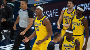 Apr 2, 2021; Indianapolis, Indiana, USA; Indiana Pacers center Myles Turner (33) argues a foul in the second quarter against the Charlotte Hornets at Bankers Life Fieldhouse. Mandatory Credit: Trevor Ruszkowski-USA TODAY Sports